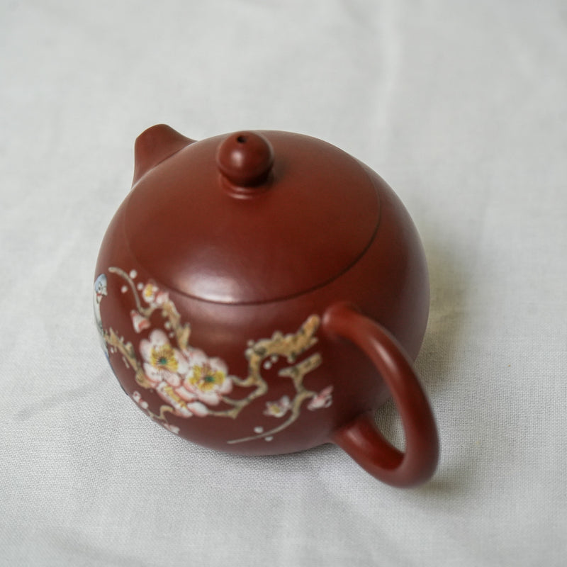 Yixing Hongni Xishi Flower Bird Paint Teapot 120ml  Teaware- Cha Moods