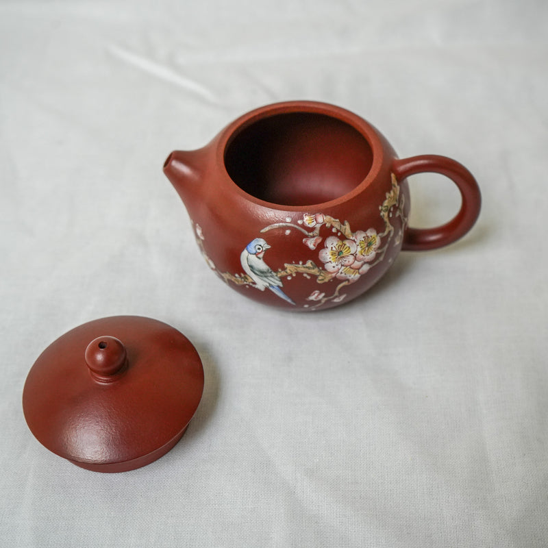 Yixing Hongni Xishi Flower Bird Paint Teapot 120ml  Teaware- Cha Moods